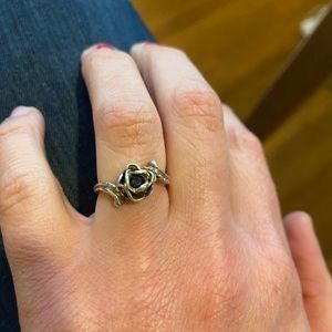 Sterling silver rose engagement ring with sapphire